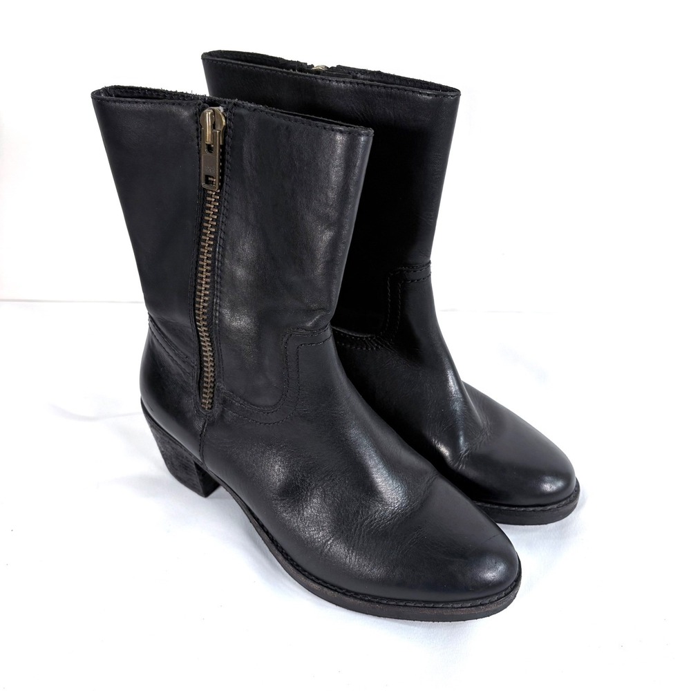 Lands End Leather Ankle Boots Black Side Zip Block Heel 422449 V3644 Womens 9D